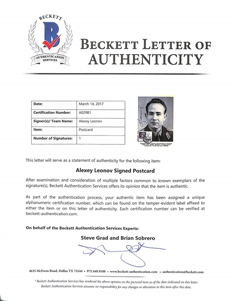 Alexei Leonov Signed 4x6 Photo Card (Beckett LOA) - Russian Cosmonaut - First to Walk in Space